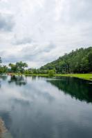 ein großes Gewässer mit Bäumen im Hintergrund in der Unterkunft Tiny home Fire Pit Fishing Pond BBQ Sage Cabin in Gatlinburg