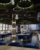 een restaurant met tafels en blauwe stoelen en verlichting bij Friday Old City Hotel in Tasjkent