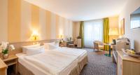 Una habitación de hotel con una cama grande y un escritorio. en PLAZA INN Chemnitz, en Chemnitz