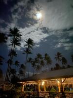 Ein Gebäude mit Palmen und dem Mond am Himmel in der Unterkunft Amihan Beach Hostel in San Vicente
