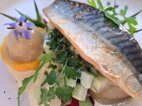 Un plato de comida con pescado y verduras. en La Ferme du Hélivy, en Jalhay