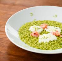 a bowl of green peas with shrimp on top at Hotel Sirena - B&B in Cesenatico