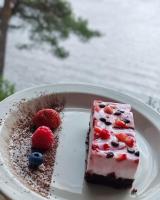 un pezzo di torta con bacche su un piatto bianco di Nature Dream Days a Muhos