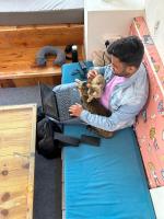 un hombre acostado en una cama con un portátil en Serendipity Hostel & Cats Cafe, en Rishīkesh