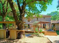 un arbre dans un jardin avec une table et un parasol dans l'établissement Grand gite & petit gite, à Saint-Antonin