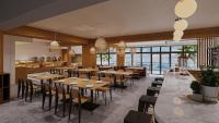 Un restaurante con mesas y sillas de madera y ventanas. en ラソール シー リゾート, en Yomitan