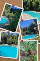 a collage of four pictures of a pool at Cabañas Hosteria de Vilches in Vilches