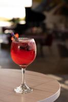 Una bebida roja en un vaso sobre una mesa. en Casa Diamante Viñedos, en Ezequiel Montes