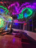Una habitación con un techo con luces moradas y verdes. en Chalo Chhalal Hotel & Cafe, en Kasol