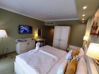 a bedroom with a bed and a tv on the wall at Calimbra Wellness Hotel Superior in Miskolctapolca