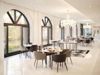 Hanwha Resort Yongin Besancon في يونغين: غرفة طعام مع طاولات وكراسي ونوافذ