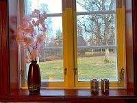 Eine Vase mit Blumen, die auf einem Fensterbrett sitzt. in der Unterkunft Skagagården in Undenäs