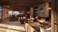 Una sala de estar con sofás y chimenea. en Hotel Kristberg in Lech - New hotel with Spa - opening Dezember 4th, 2025, en Lech am Arlberg