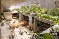 an indoor garden with tables and chairs and plants at lyf Bondi Junction Sydney in Sydney