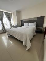 イピアレスにあるHotel Iberia Plazaのベッドルーム1室(大型ベッド1台、白い掛け布団付)