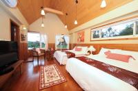 a bedroom with two beds and a flat screen tv at Green Forest Villa in Yilan City