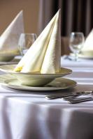 ein Tisch mit zwei Tellern, auf denen ein Papierboot liegt in der Unterkunft Palazzo Apartments in Rimavská Sobota