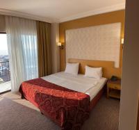 Una habitación de hotel con una cama y una ventana grande. en Mekanhan Hotel, en Gebze