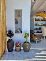 three large vases sitting on a porch with plants at Casa de oro Lujo in Sozopol