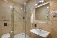 a bathroom with a shower and a sink and a mirror at Hotel Florenc in Prague