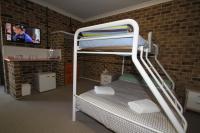 a bunk bed in a room with a tv at Acacia Snowy Motel in Jindabyne