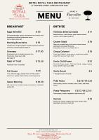 una imagen de un menú para un restaurante en MOTEL ROYAL TARA, en Binalong