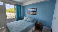 Un dormitorio azul con una cama y una ventana. en OEManagement Rooms, en Roseau