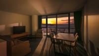 Una sala de estar con una mesa y sillas y un televisor. en Crowne Plaza Residences Port Moresby by IHG, en Port Moresby