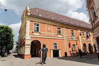 una estatua de un hombre frente a un edificio en Wieniawa, en Leszno