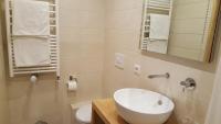 a white bathroom with a sink and a toilet at Hotel Du Clocher in Chamonix