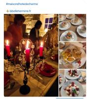 un collage de photos d'une table avec des bougies et de la nourriture dans l'établissement La Belle Hermine, à Tonquédec