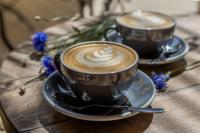 dos tazas de café en una mesa con flores en Friskó Panzió, en Zalakaros