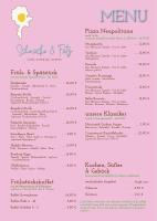 eine Speisekarte für ein Restaurant mit rosa Hintergrund in der Unterkunft Parkresidenz Lychen Ferienwohnung 2 in Lychen