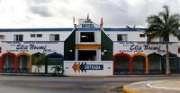 un edificio blanco y azul con una palmera en Hotel Suites Elia Noemi, en Mérida
