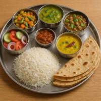 uma bandeja com arroz e tigelas com diferentes tipos de comida em Hotel Elite rooms & Banquet em Prayagraj