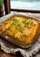 a casserole dish of food on a table at Suítes Sabor e Mar in Angra dos Reis