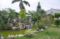 a garden with a pond with rocks and palm trees at Gu-Ting-Ben B&amp;B in Minxiong