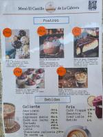 a menu for a restaurant with cakes and desserts at Cabañas Rústicas dentro de la Finca El Castillo in La Cabrera