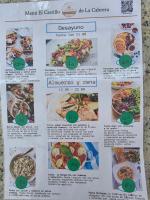 a flyer for a restaurant with pictures of food at Cabañas Rústicas dentro de la Finca El Castillo in La Cabrera