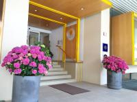 two metal vases filled with pink flowers in front of a building at Hotel Sonne Lienz in Lienz