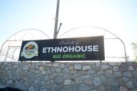 Un cartel que indica la entrada al Elswick Blob Organic. en Hotel Ulpiana, Ethno House, en Gracanica