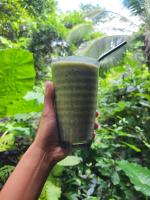 una persona che tiene in mano una bevanda verde di Lunad Retreats by Ecocio a Coron