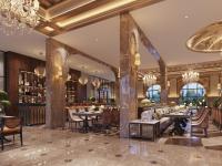 Un restaurante con mesas, sillas y lámparas de araña. en Wyndham Grand Udaipur Fateh Sagar Lake, en Udaipur