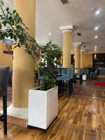 Un vestíbulo con una planta en maceta, mesas y sillas. en Kenenisa Evertt Hotel, en Addis Ababa