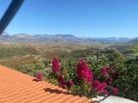 Un ramo de flores rosas en lo alto de un tejado. en Rosemary House, en Sarandë