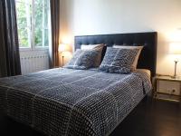 Bett mit einer blauen und weißen karierten Bettdecke und Kissen in der Unterkunft Bed and Breakfast Le patio in Montigny-lès-Metz