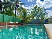 una piscina con dos sillas y palmeras en Amba Kola Udawalawa, en Udawalawe