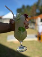 a hand holding a drink with a flower in it at Pequena Suíça Hotel Boutique in Chácara