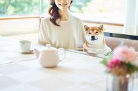 Eine Frau, die mit einem Hund am Tisch sitzt. in der Unterkunft LiVEMAX Resort Nasu Kogen in Nasu