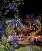 a garden with palm trees and lights at night at Villa Claudia Nimal's kitchen in Ahangama